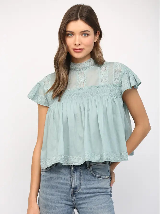 Short Sleeve Ruffled with Neckband and Bow Top