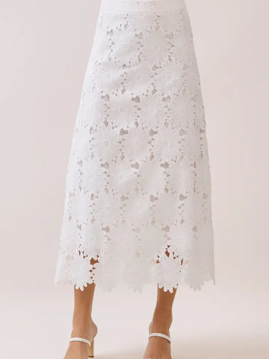 Floral Lace Scalloped Hem Fully Lined Midi Skirt