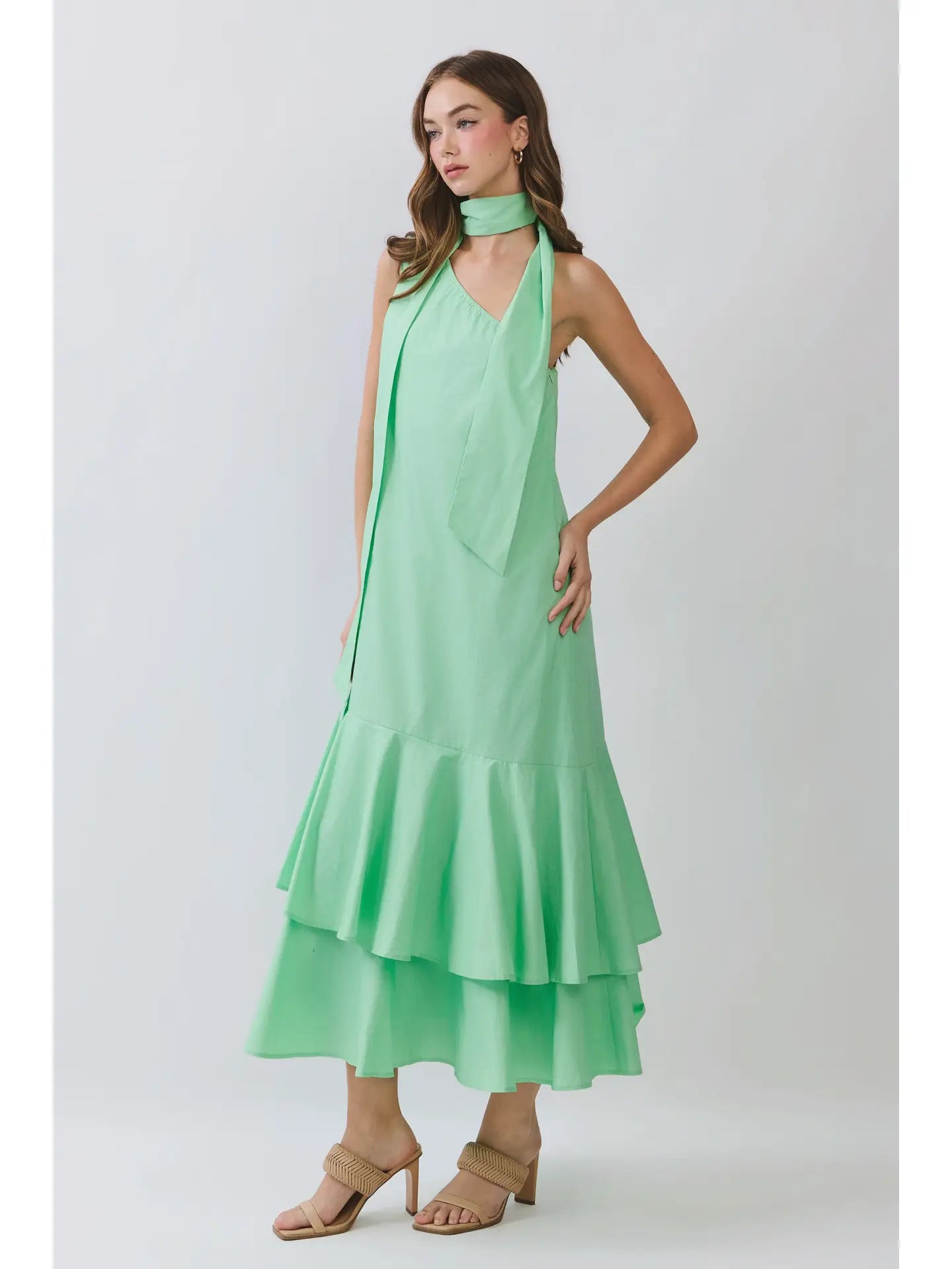 Solid Scarf Neck Tiered Maxi Dress