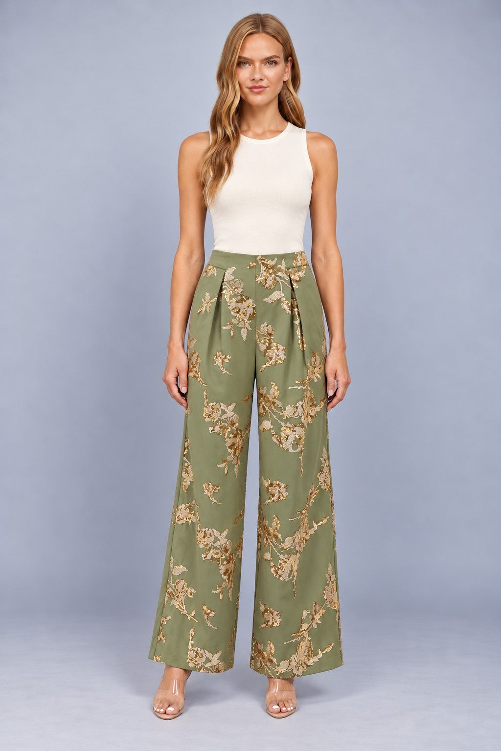 Gold Sequin Floral Wide Leg Pants