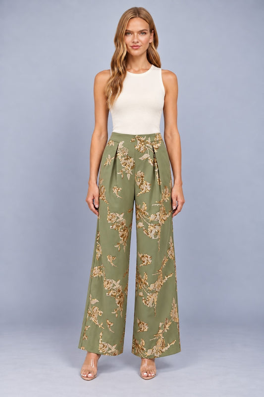 Gold Sequin Floral Wide Leg Pants