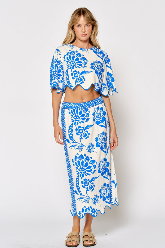 Floral Print Wavy Trim Set (Skirt)