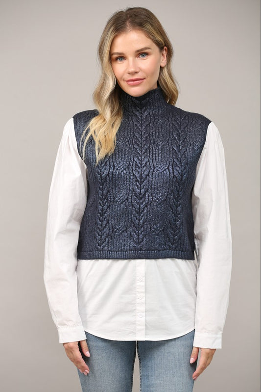 Foil Cable Knit Twofer Sweater