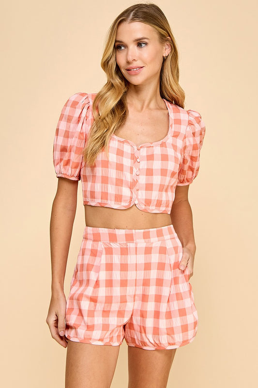 Gingham Puff Sleeve Top