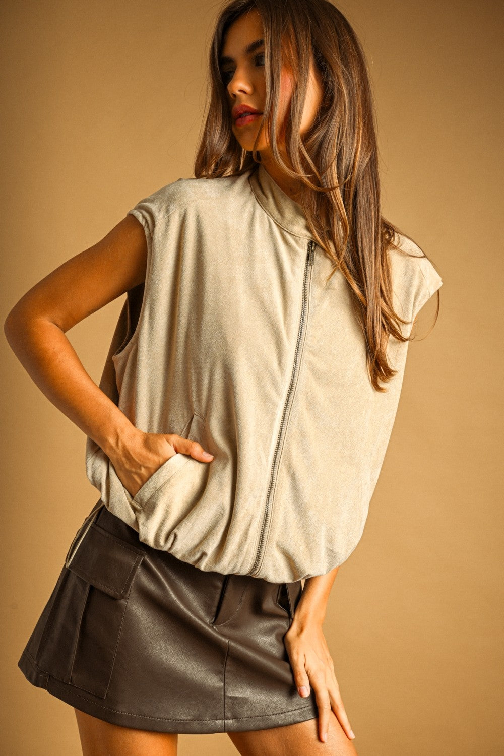 Zip-up Suede Vest