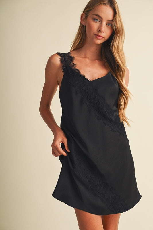Asymmetric Lace Appliqué Slip Dress