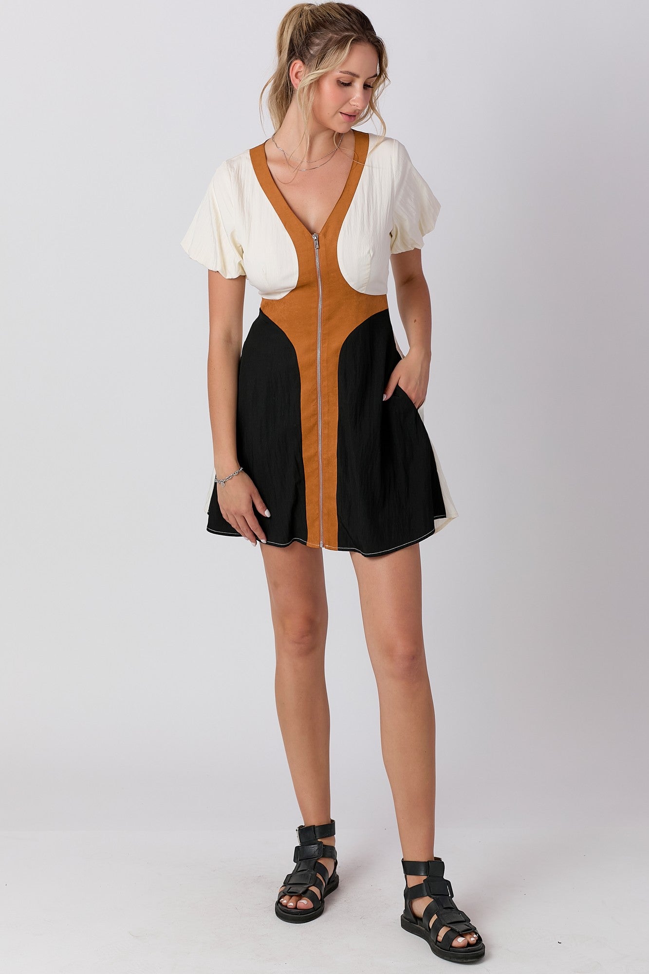 Mixed Fabric Front Zipper Dress