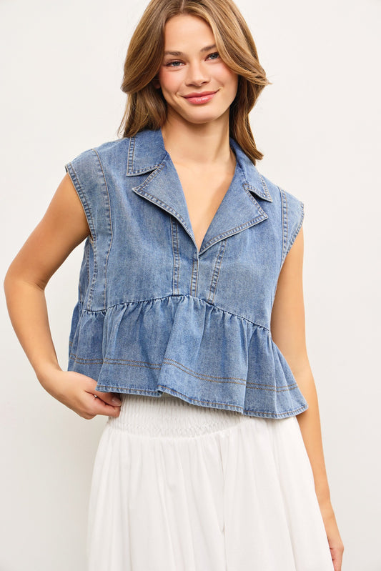 Notched Collar Denim Top