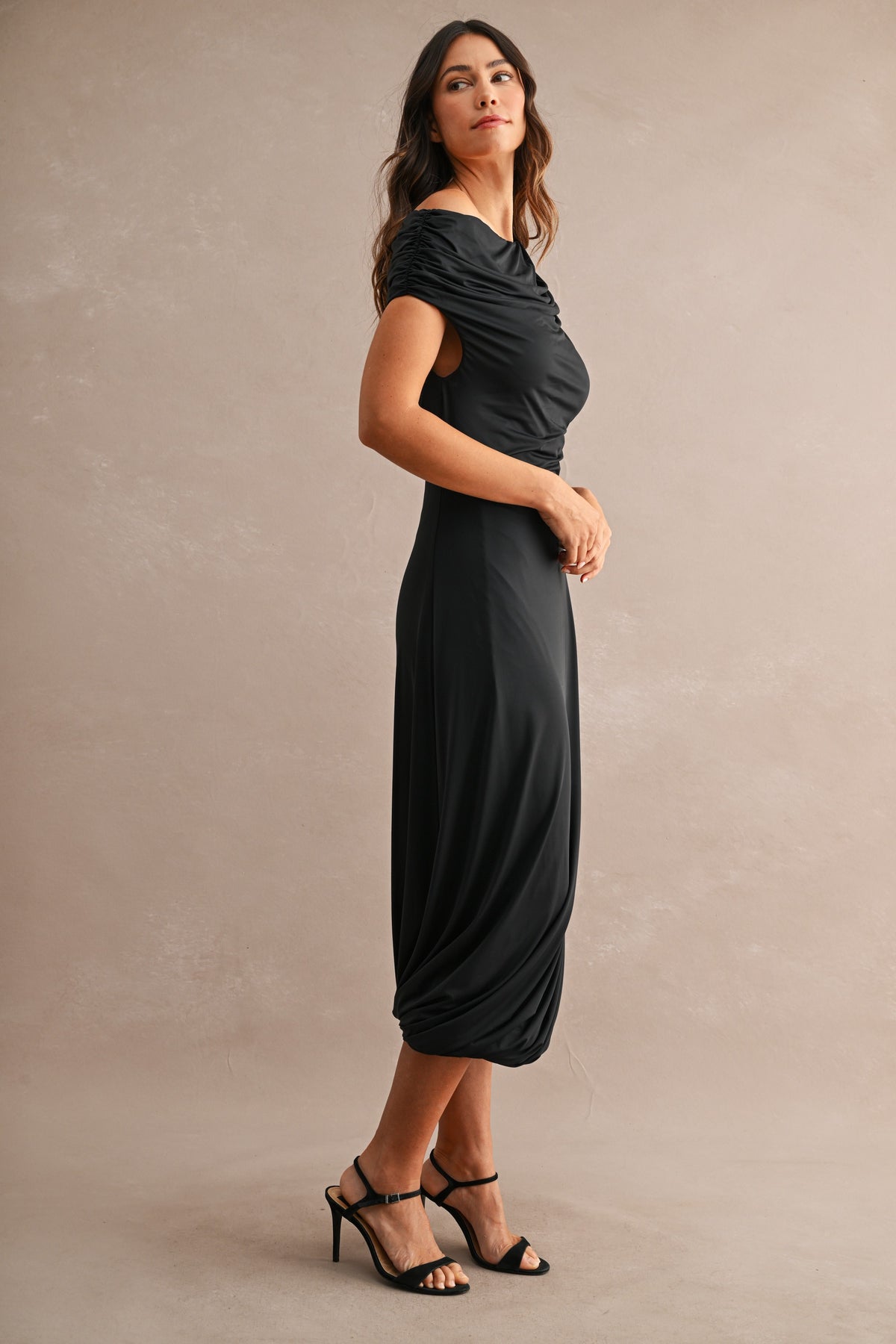 Asymmetric One Shoulder Gathered Draped Midi Dress