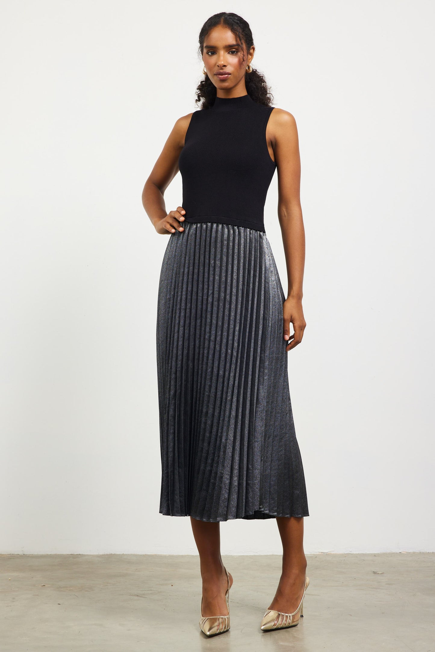 Pleated Contrast Mock Neck Dress