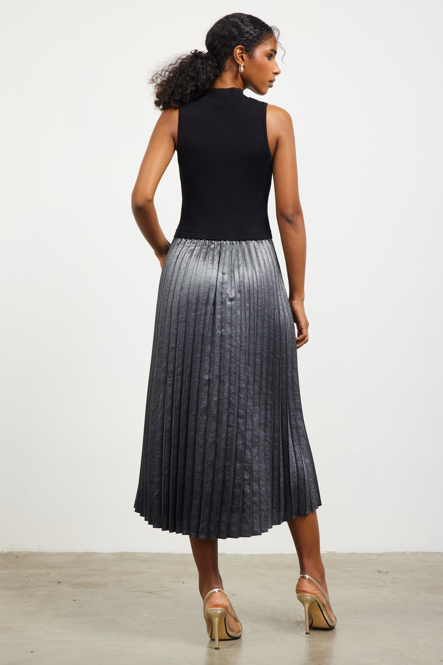 Pleated Contrast Mock Neck Dress