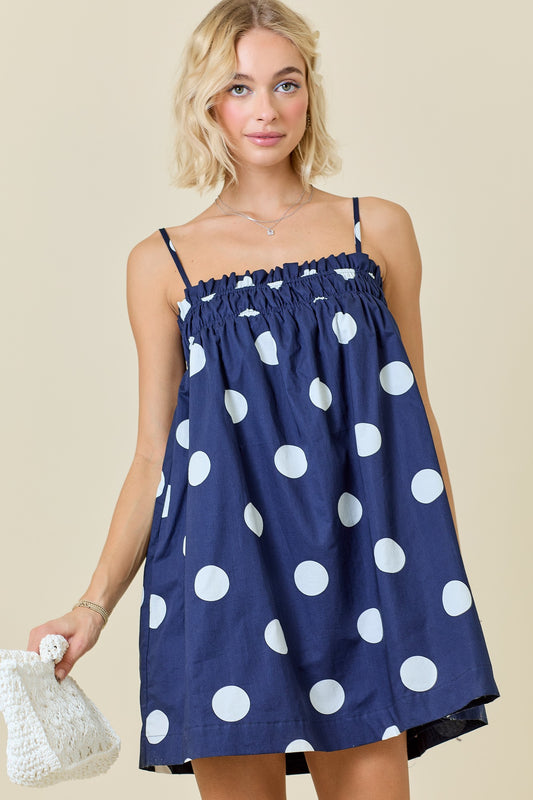 Polka Dot Mini Dress with Elasticised Neckline