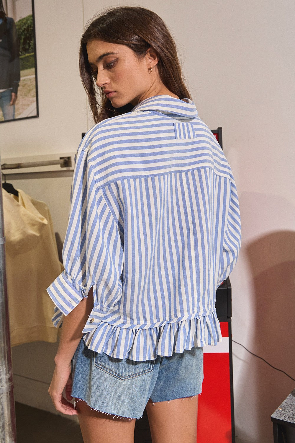 Ruffled Detail Striped Button Down