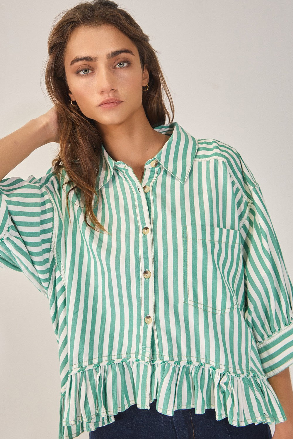 Ruffled Detail Striped Button Down