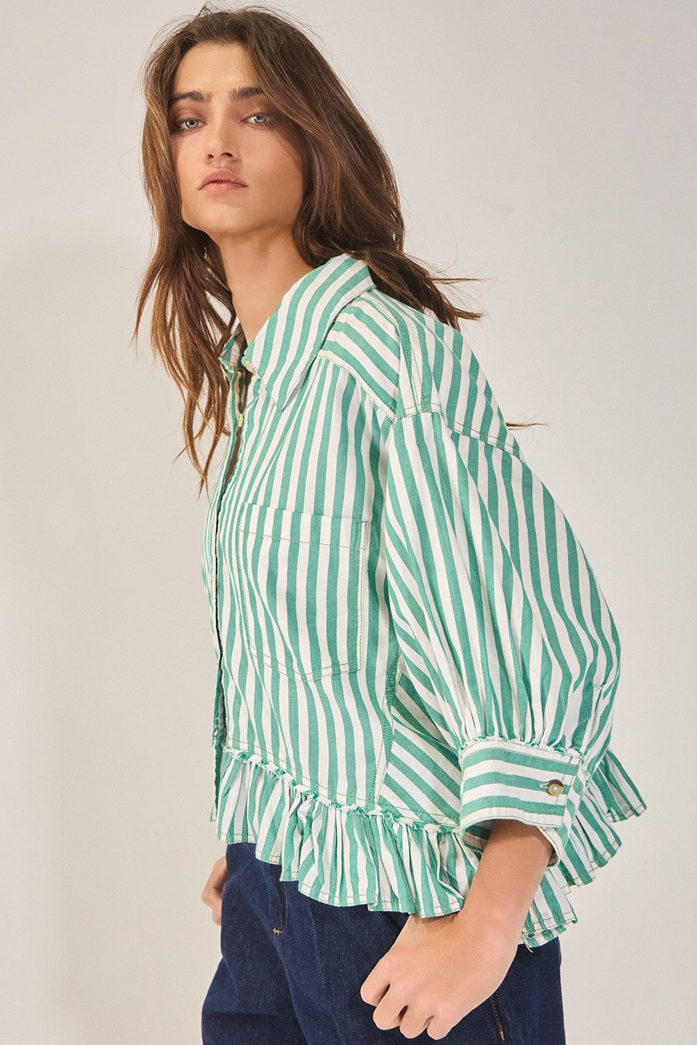 Ruffled Detail Striped Button Down