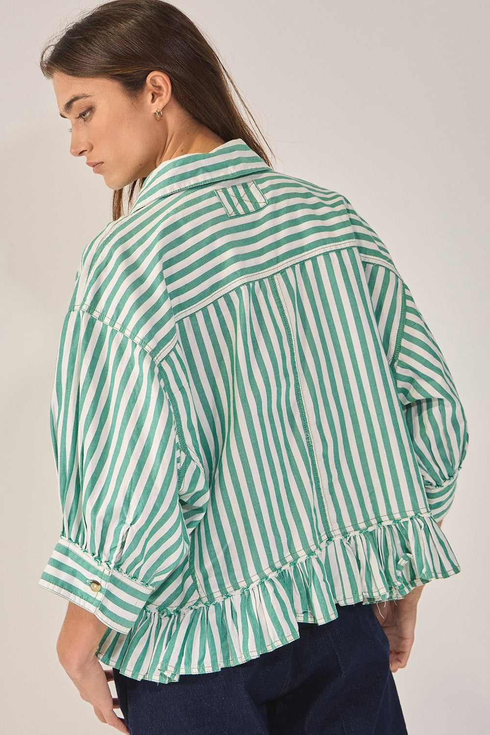 Ruffled Detail Striped Button Down