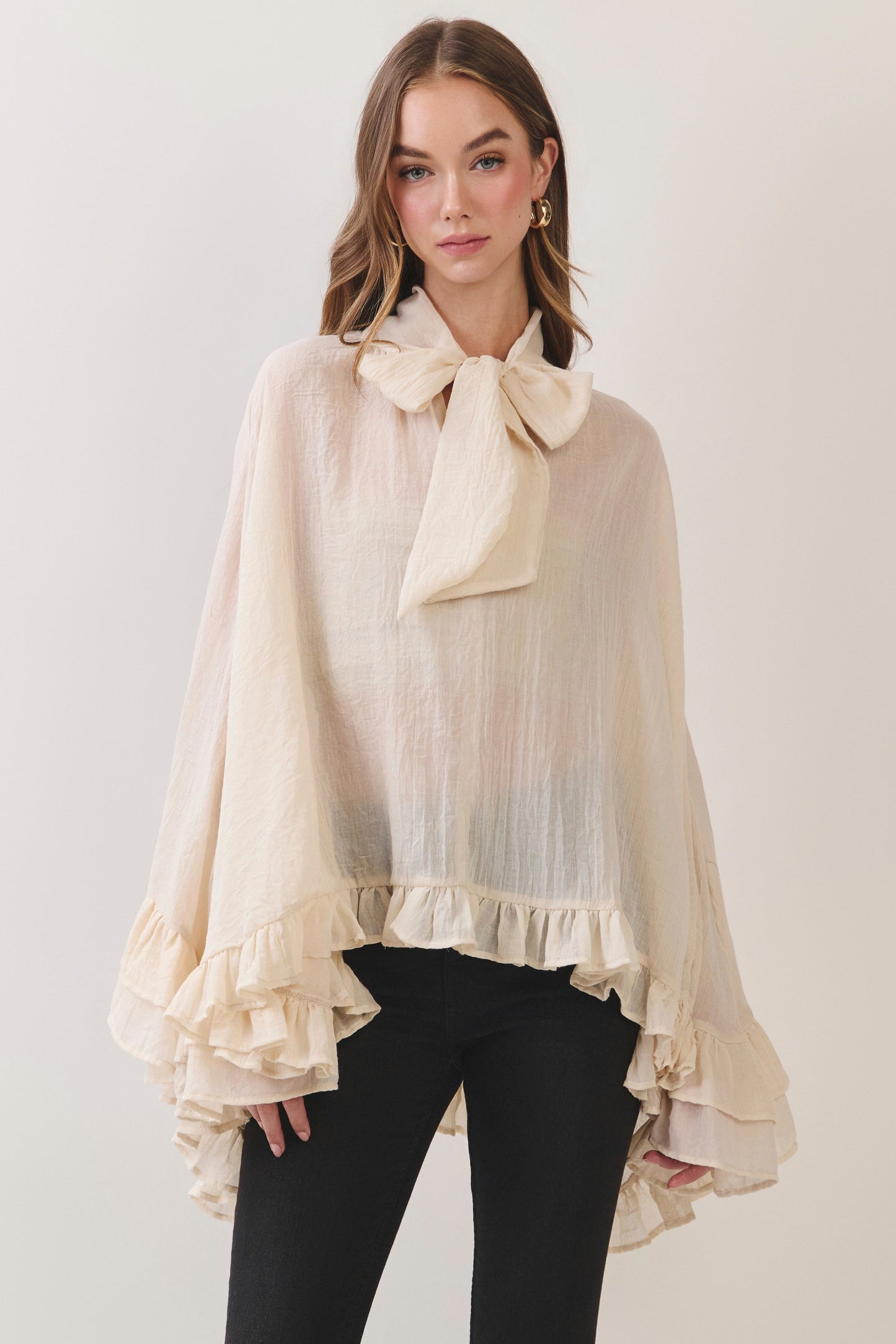 Tie Neck Ruffle Poncho Top