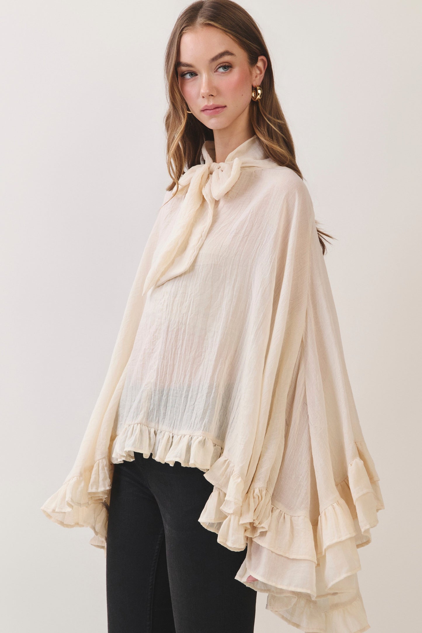 Tie Neck Ruffle Poncho Top