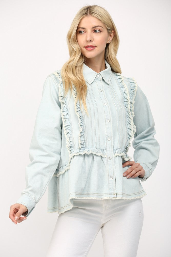 Ruffle Washed Denim Top