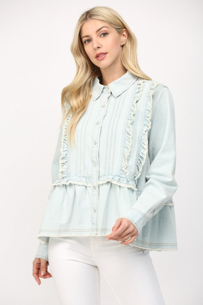 Ruffle Washed Denim Top