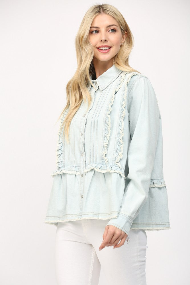 Ruffle Washed Denim Top