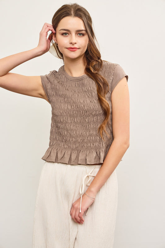 Smocked Cap Sleeve Ruffle Hem Top