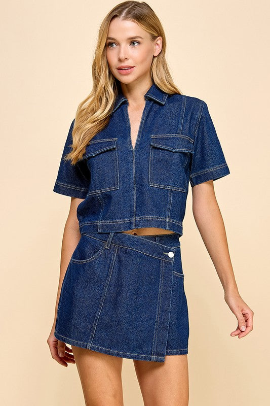 Split Collared Denim Top