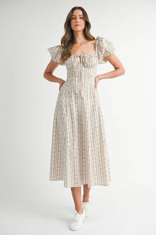 Striped Floral Print Puff Sleeve Dress