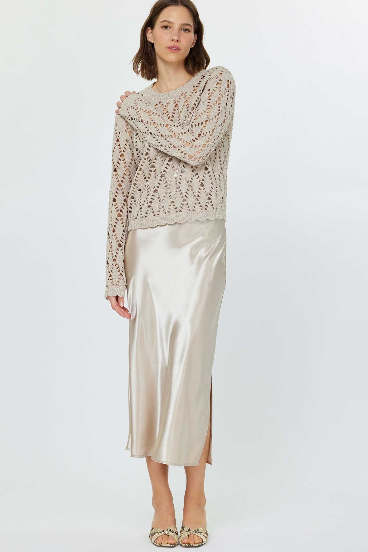 satin dress sweater Satin Slip Dress With Crochet Knit Sweater by Miou Muse