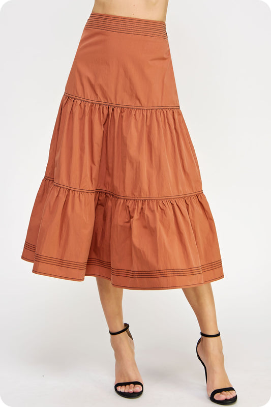 Top-Stitch Tiered Midi Skirt