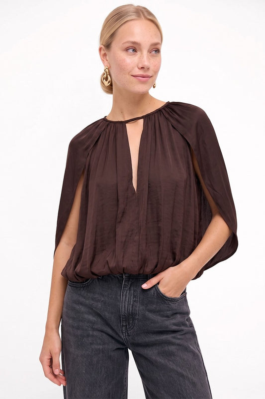 Silky Draped Cape Sleeve Blouse